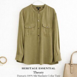 Theory Damaris Silk Tunic Top Mandarin Collar Long Sleeve Olive L